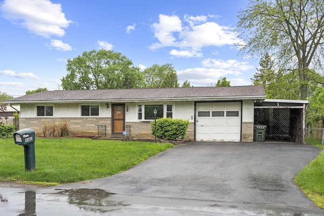 ranch-style home featuring stone siding, stucco siding, an attached garage, and driveway