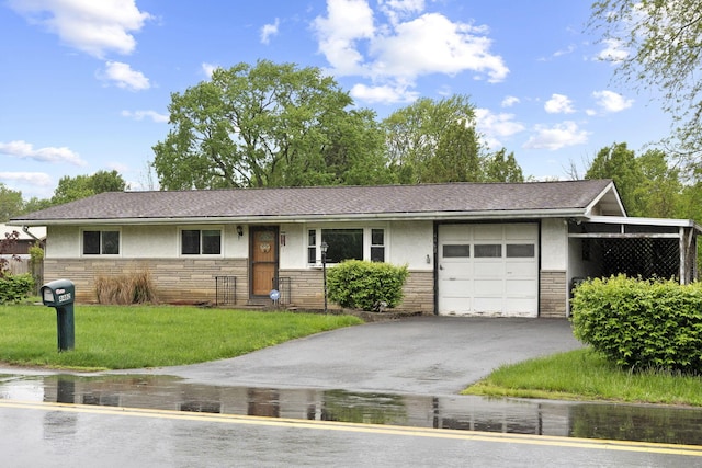 single story home with stone siding, stucco siding, driveway, and a front lawn