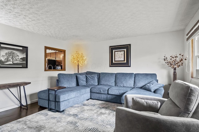 living room featuring wood finished floors, a textured ceiling, and baseboards
