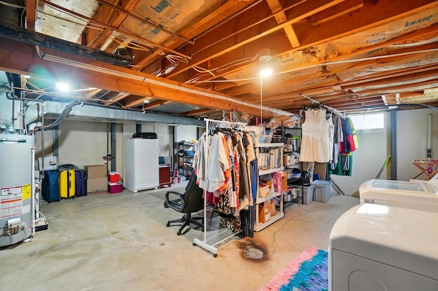 5508 Aspen Rd, Columbus, OH 43229 - below grade area with washer and clothes dryer, water heater, and refrigerator