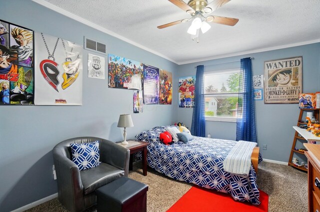 5508 Aspen Rd, Columbus, OH 43229 - bedroom featuring carpet, ornamental molding, baseboards, a textured ceiling, and a ceiling fan