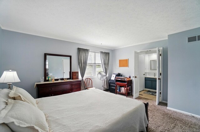 5508 Aspen Rd, Columbus, OH 43229 - bedroom featuring crown molding, carpet, a textured ceiling, baseboards, and ensuite bathroom