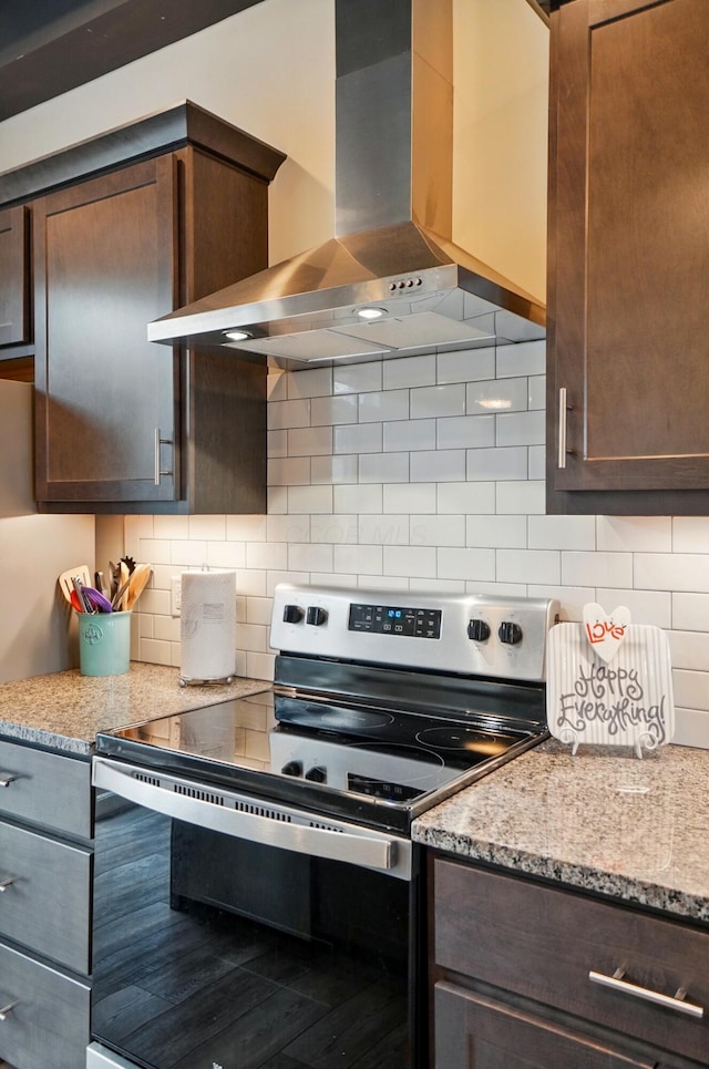 20 N Center St Unit 20, Springfield, OH 45502 - kitchen featuring stainless steel range with electric stovetop, wall chimney range hood, dark brown cabinetry, and decorative backsplash