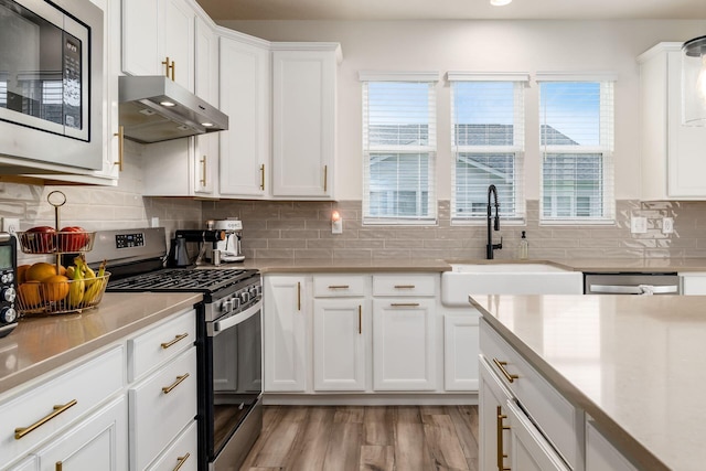 kitchen with stainless steel appliances, exhaust hood, a sink, and light countertops