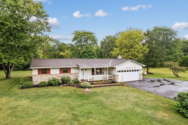 10842 Johnstown Rd, New Albany, OH 43054 - ranch-style house featuring covered porch, an attached garage, driveway, a front yard, and a chimney