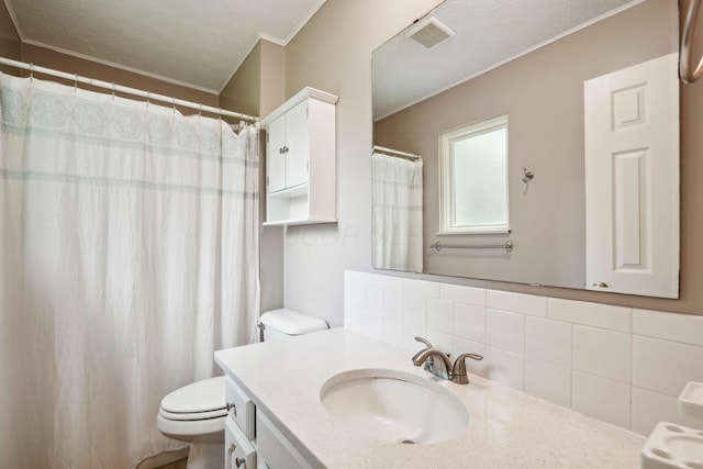 10842 Johnstown Rd, New Albany, OH 43054 - bathroom with decorative backsplash, toilet, vanity, ornamental molding, and a shower with shower curtain