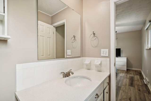 10842 Johnstown Rd, New Albany, OH 43054 - bathroom featuring wood finished floors, a textured ceiling, tasteful backsplash, vanity, and baseboards