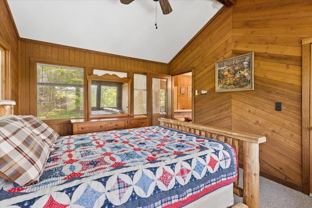 512 Natchez Ln, Sugar Grove, OH 43155 - carpeted bedroom featuring wood walls, vaulted ceiling, and ceiling fan