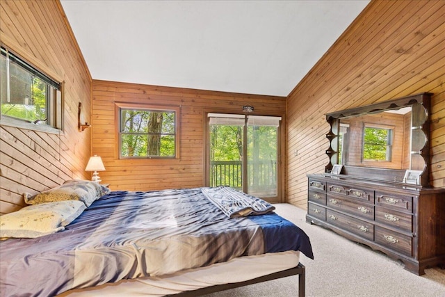 512 Natchez Ln, Sugar Grove, OH 43155 - bedroom with multiple windows, access to outside, wooden walls, carpet, and vaulted ceiling