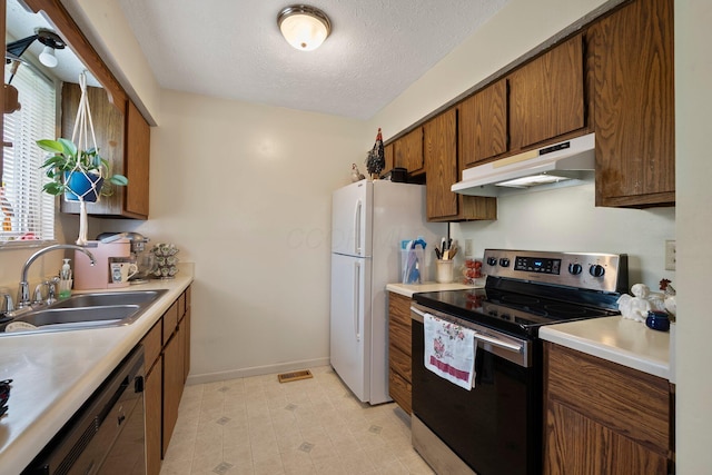 2512 Gantz Rd, Grove City, OH 43123 - kitchen with stainless steel range with electric cooktop, a sink, under cabinet range hood, dishwashing machine, and brown cabinetry