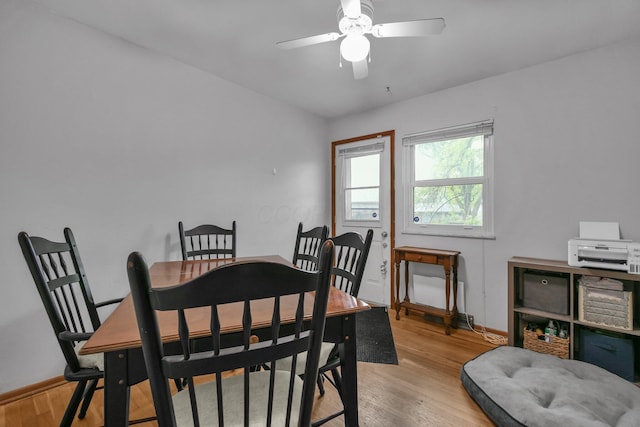 dining room featuring light wood-style floors, baseboards, and a ceiling fan