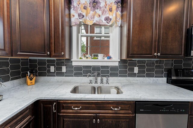 kitchen with stainless steel dishwasher, a sink, dark brown cabinetry, and decorative backsplash
