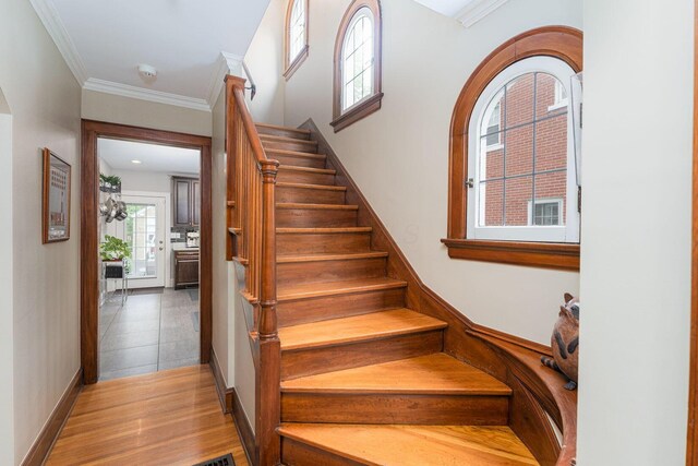 stairway featuring crown molding, baseboards, and wood finished floors