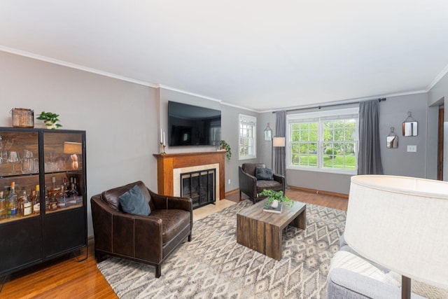 1324 Haines Ave, Columbus, OH 43212 - living area featuring wood finished floors, ornamental molding, a fireplace with flush hearth, and baseboards