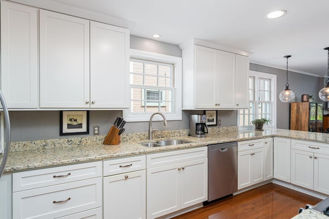 1324 Haines Ave, Columbus, OH 43212 - kitchen featuring dishwasher, a sink, white cabinets, crown molding, and light stone counters