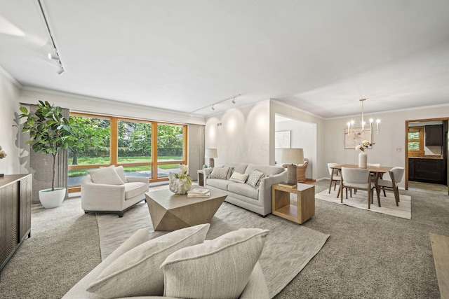 2249 E Broad St, Columbus, OH 43209 - living room featuring track lighting, crown molding, a chandelier, and carpet