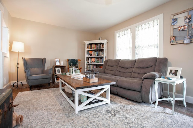 living area featuring baseboards and wood finished floors