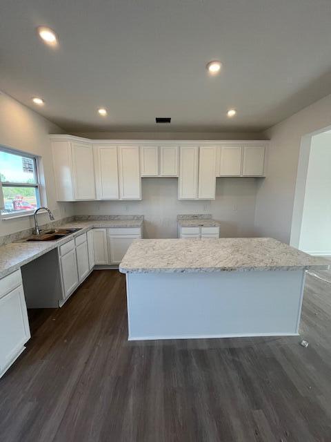 104 Red Willow Dr, Etna, OH 43068 - kitchen featuring a sink, a center island, white cabinets, dark wood-style floors, and light stone countertops