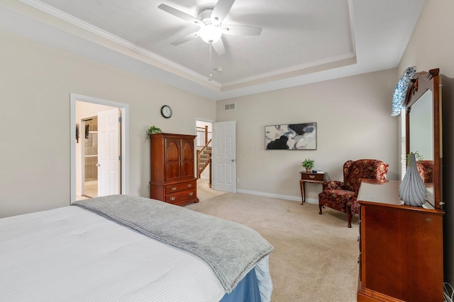 6674 Letterman Dr, Powell, OH 43065 - bedroom with a tray ceiling, light colored carpet, ornamental molding, baseboards, and a ceiling fan