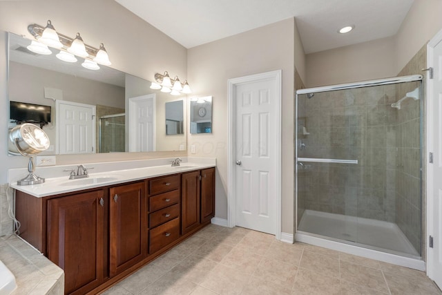 6674 Letterman Dr, Powell, OH 43065 - full bath with a stall shower, double vanity, and tile patterned floors