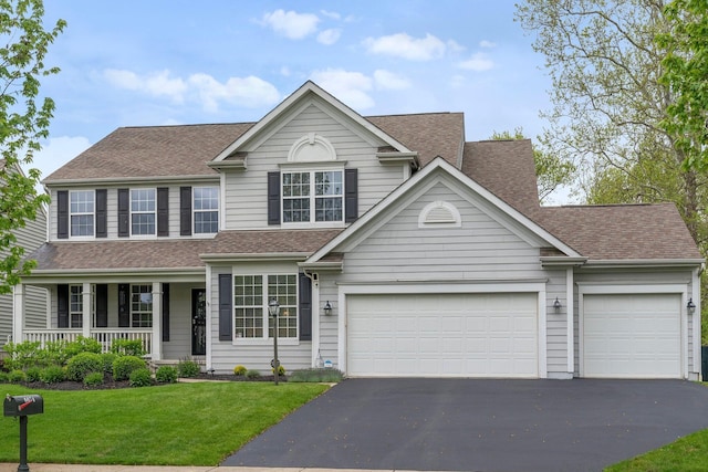 6674 Letterman Dr, Powell, OH 43065 - traditional home featuring asphalt driveway, roof with shingles, a front lawn, a garage, and covered porch