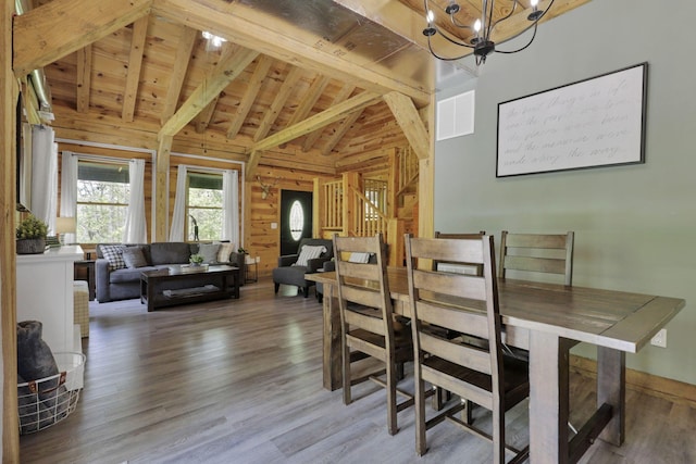 28306 Allison Rd, Mcarthur, OH 45651 - dining room featuring wood ceiling, wood finished floors, a chandelier, and wood walls