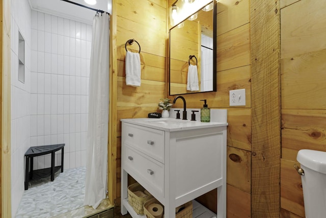 28306 Allison Rd, Mcarthur, OH 45651 - bathroom with toilet, vanity, wood walls, and a shower with shower curtain