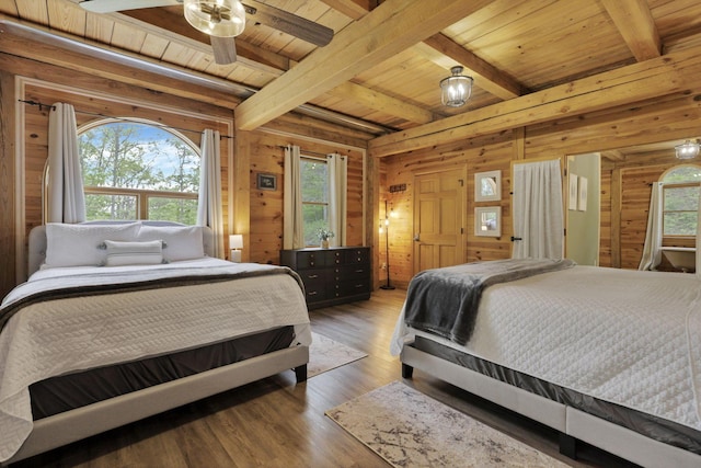 28306 Allison Rd, Mcarthur, OH 45651 - bedroom featuring wooden ceiling, wooden walls, beamed ceiling, and light wood-style flooring