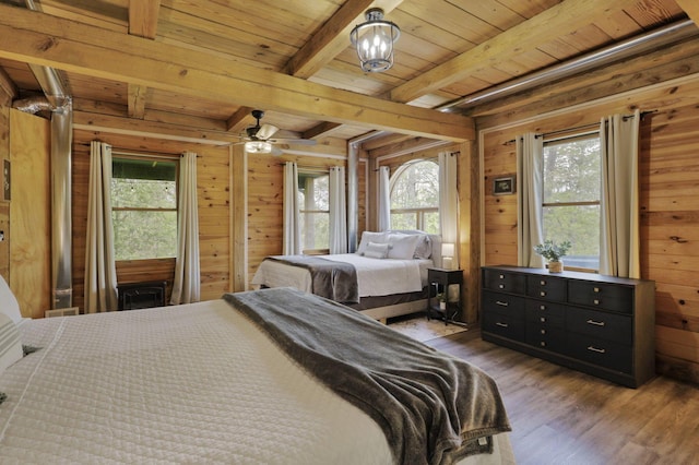 28306 Allison Rd, Mcarthur, OH 45651 - bedroom with wood finished floors, multiple windows, beamed ceiling, wood ceiling, and wood walls