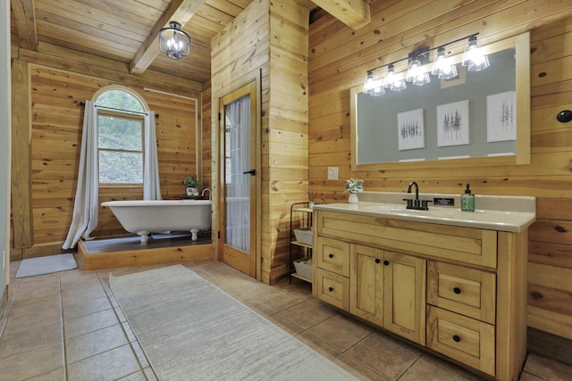 28306 Allison Rd, Mcarthur, OH 45651 - bathroom featuring wooden ceiling, beamed ceiling, tile patterned floors, a freestanding bath, and wood walls