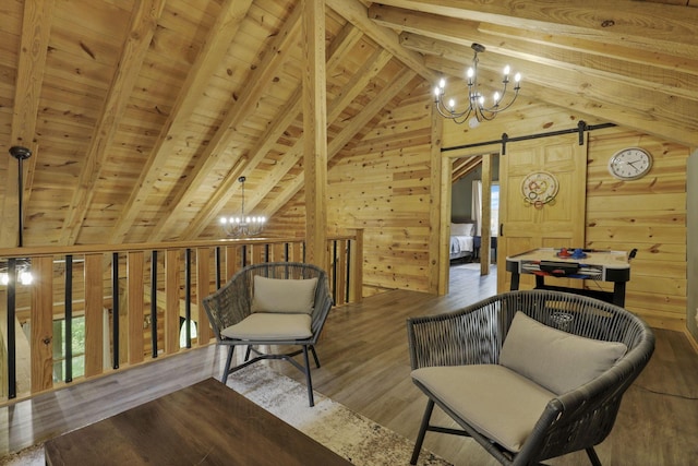 28306 Allison Rd, Mcarthur, OH 45651 - sitting room featuring a chandelier, a barn door, wood ceiling, wooden walls, and wood finished floors