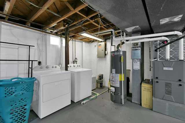6528 Shenandoah Dr, Reynoldsburg, OH 43068 - unfinished basement featuring gas water heater, washing machine and clothes dryer, and electric panel