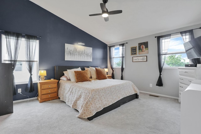 6843 John Dr, Canal Winchester, OH 43110 - bedroom with vaulted ceiling, carpet, baseboards, and ceiling fan