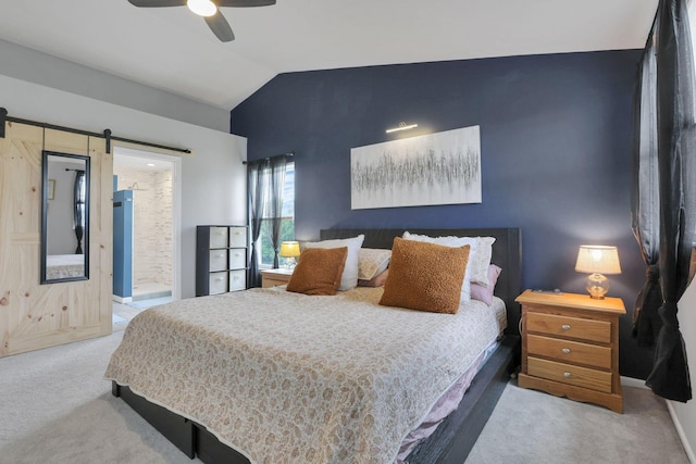 6843 John Dr, Canal Winchester, OH 43110 - carpeted bedroom featuring vaulted ceiling, a barn door, and a ceiling fan
