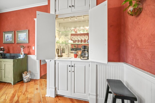 1452 W Cook Rd, Mansfield, OH 44906 - indoor wet bar featuring a wainscoted wall, radiator, light wood-style floors, crown molding, and a decorative wall
