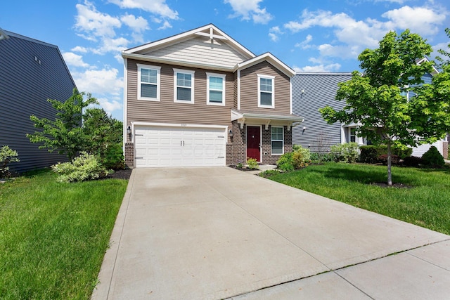 view of front facade with a garage, a front yard, brick siding, and concrete driveway