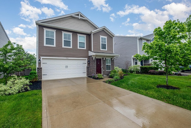 view of front facade with a garage, driveway, a front lawn, and brick siding