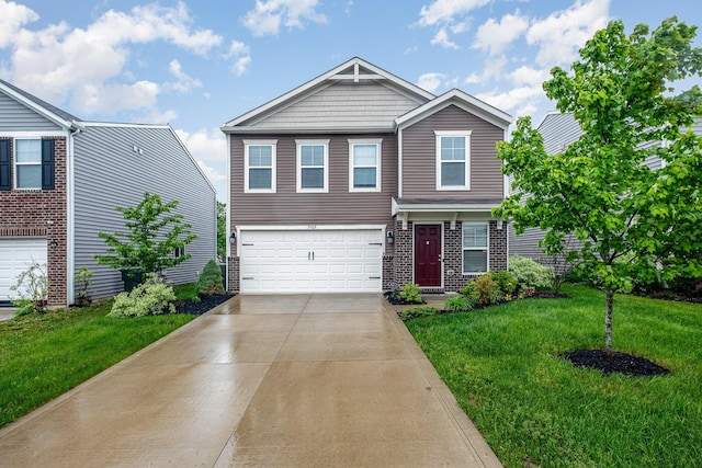 view of front of house with driveway, a garage, a front lawn, and brick siding