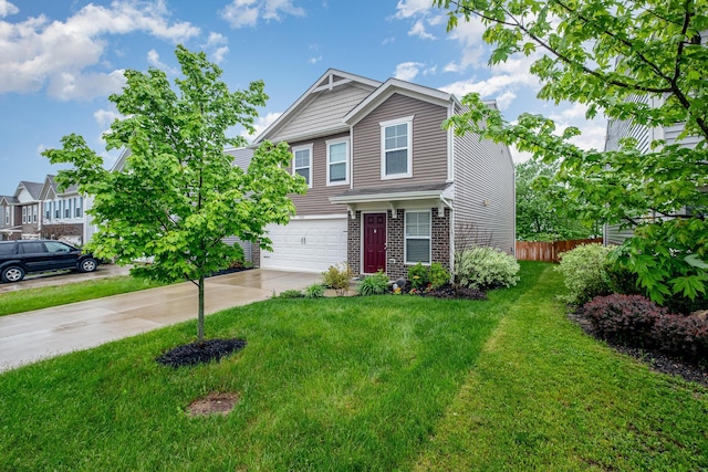 view of front of house with an attached garage, brick siding, and driveway