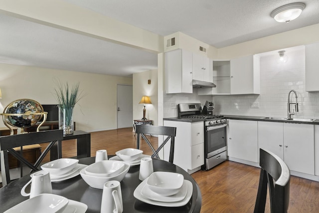 4811 Olentangy River Rd Unit F, Columbus, OH 43214 - kitchen with stainless steel gas range oven, a sink, backsplash, dark countertops, and under cabinet range hood