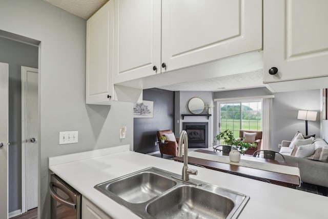 5176 Lodi Dr Unit 26B, Canal Winchester, OH 43110 - kitchen featuring open floor plan, a sink, a fireplace, stainless steel dishwasher, and light countertops