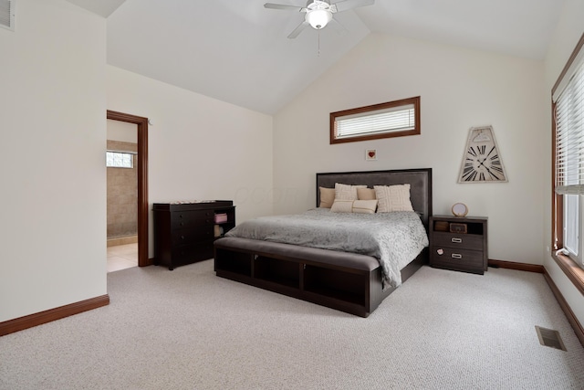 9785 Kingston Cir, Powell, OH 43065 - bedroom featuring carpet floors, lofted ceiling, multiple windows, baseboards, and a ceiling fan