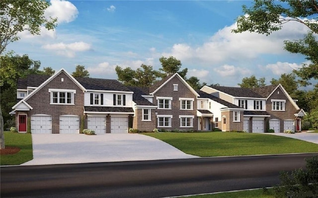 view of front of property with an attached garage, concrete driveway, and a front lawn