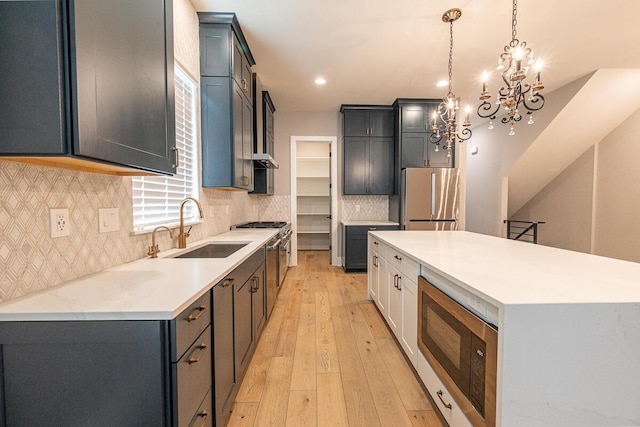 959 Hudson Xing, Columbus, OH 43212 - kitchen with appliances with stainless steel finishes, a sink, light wood finished floors, a center island, and a chandelier