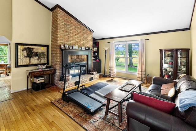 251 Longbranch Dr, Dublin, OH 43017 - living room featuring vaulted ceiling, crown molding, hardwood / wood-style floors, baseboards, and a fireplace