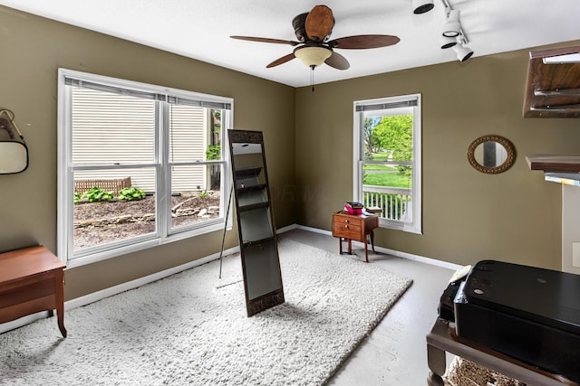 251 Longbranch Dr, Dublin, OH 43017 - workout room featuring a ceiling fan, baseboards, and track lighting