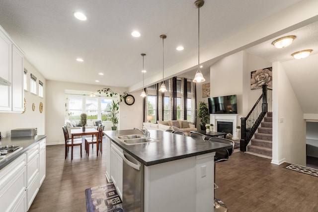 8123 Comstock Ter NW, Pickerington, OH 43147 - kitchen featuring a sink, dark countertops, appliances with stainless steel finishes, dark wood finished floors, and a fireplace