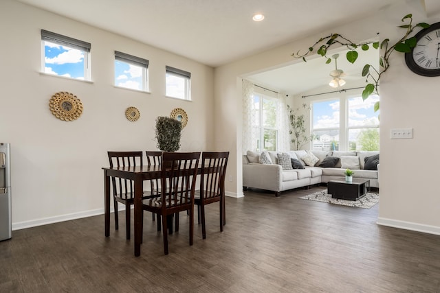 8123 Comstock Ter NW, Pickerington, OH 43147 - dining room featuring dark wood-style flooring, baseboards, recessed lighting, and a ceiling fan