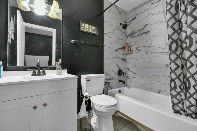 3072 Bocastle Ct, Reynoldsburg, OH 43068 - bathroom with shower / tub combo with curtain, vanity, toilet, tile patterned flooring, and a chandelier