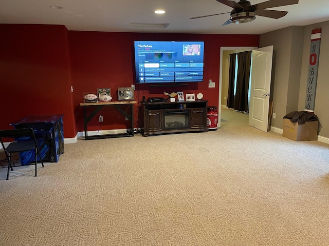 7719 Bear Run Rd, Logan, OH 43138 - living room with carpet flooring, ceiling fan, baseboards, and recessed lighting